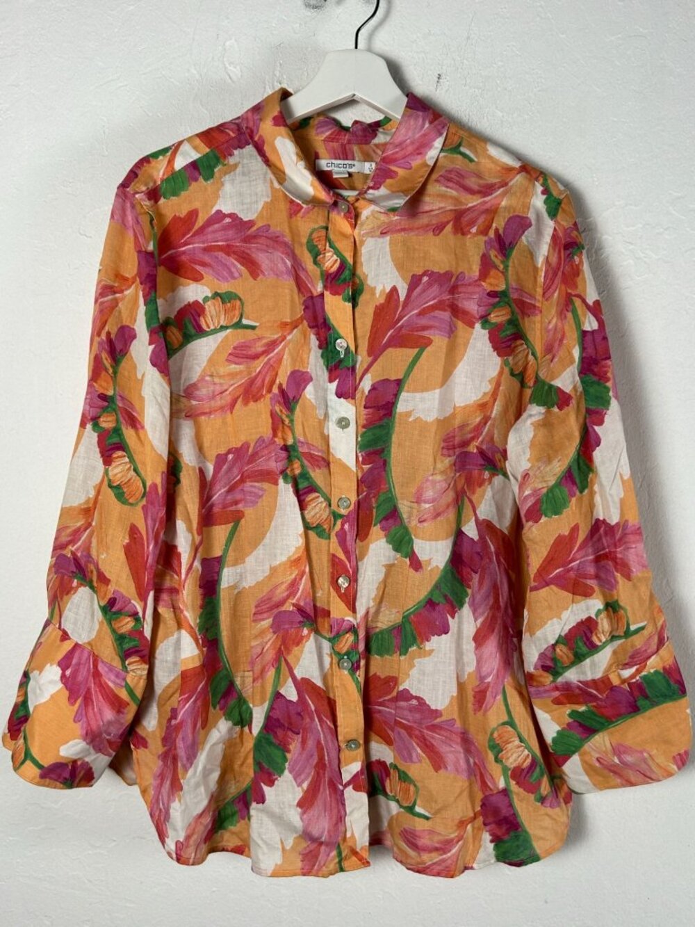 Chico's Womens Button Down Linen Shirt Size 3 US 16 Orange Pink Foliage Tropical